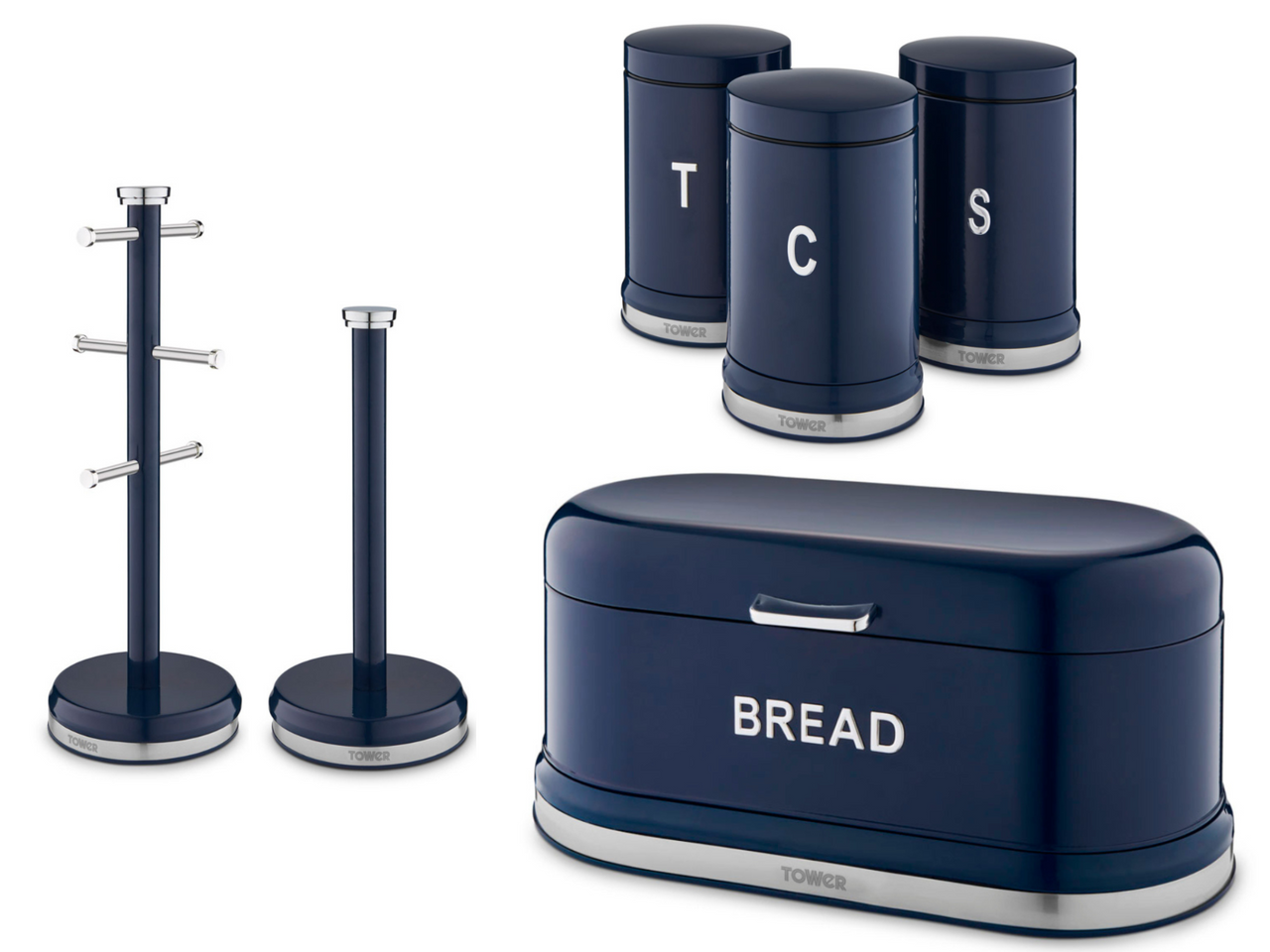 Tower Belle Bread Bin Canisters Mug Tree Towel Pole Kitchen Set of 6 in Blue