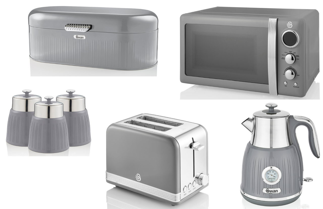 SWAN Retro Grey 1.5L 3KW Jug Dial Kettle, 2 Slice Toaster, Microwave, Bread Bin & Canisters Matching Set of 7