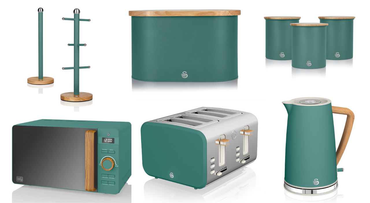 Swan Nordic Green 1.7L Jug Kettle, 4 Slice Toaster, 800W 20L Digital Microwave, Bread Bin, Canisters, 6 Cup Mug Tree & Towel Pole Matching Set of 9