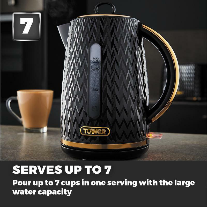 TOWER Empire Kettle Toaster Canisters Bread Bin Mug Tree Towel Pole & 16 Piece Dinner Set in Black with Brass Accents