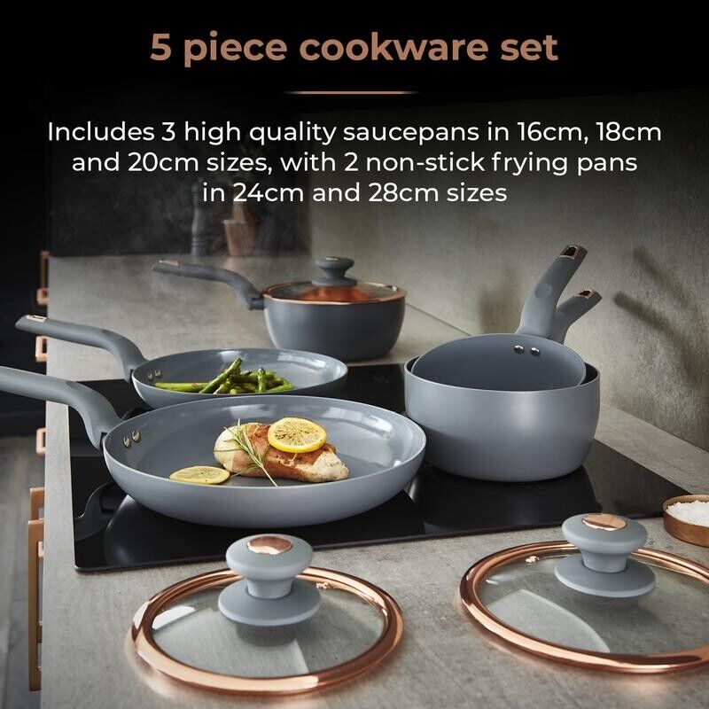 Tower Cavaletto Grey & Rose Gold 5 Piece Pan Set Kitchen Cookware 5 Yr Guarantee