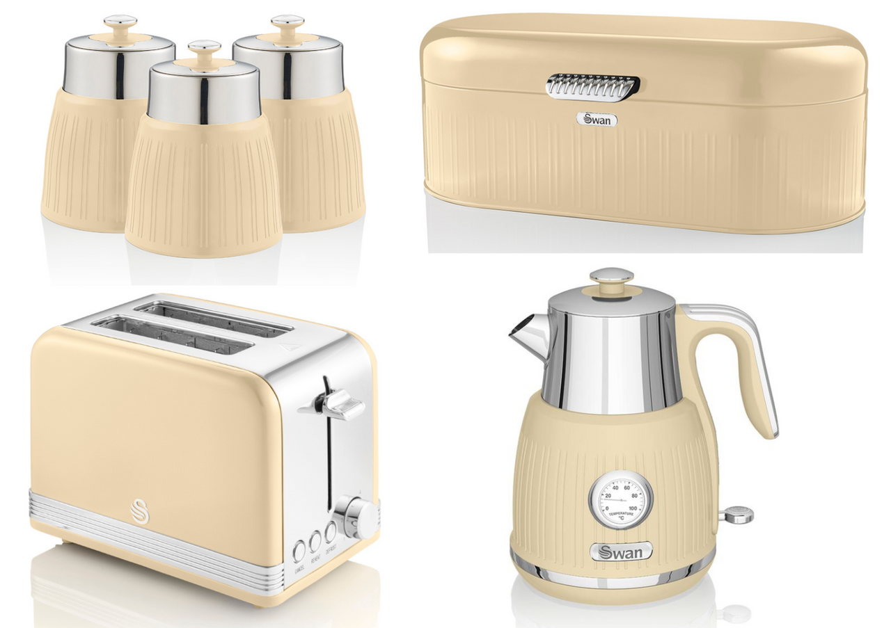 Swan Retro Cream Dial Kettle, 2 Slice Toaster, Bread Bin & Canisters Kitchen Set