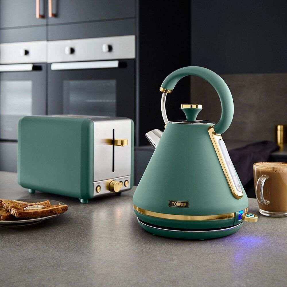 Tower Cavaletto Pyramid Kettle 2 Slice Toaster & Set of 3 Canisters Jade & Gold