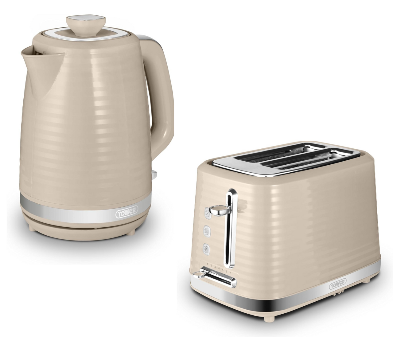 Tower Saturn 1.7L 3KW Jug Kettle & 2 Slice Toaster in Latte with Chrome Accents