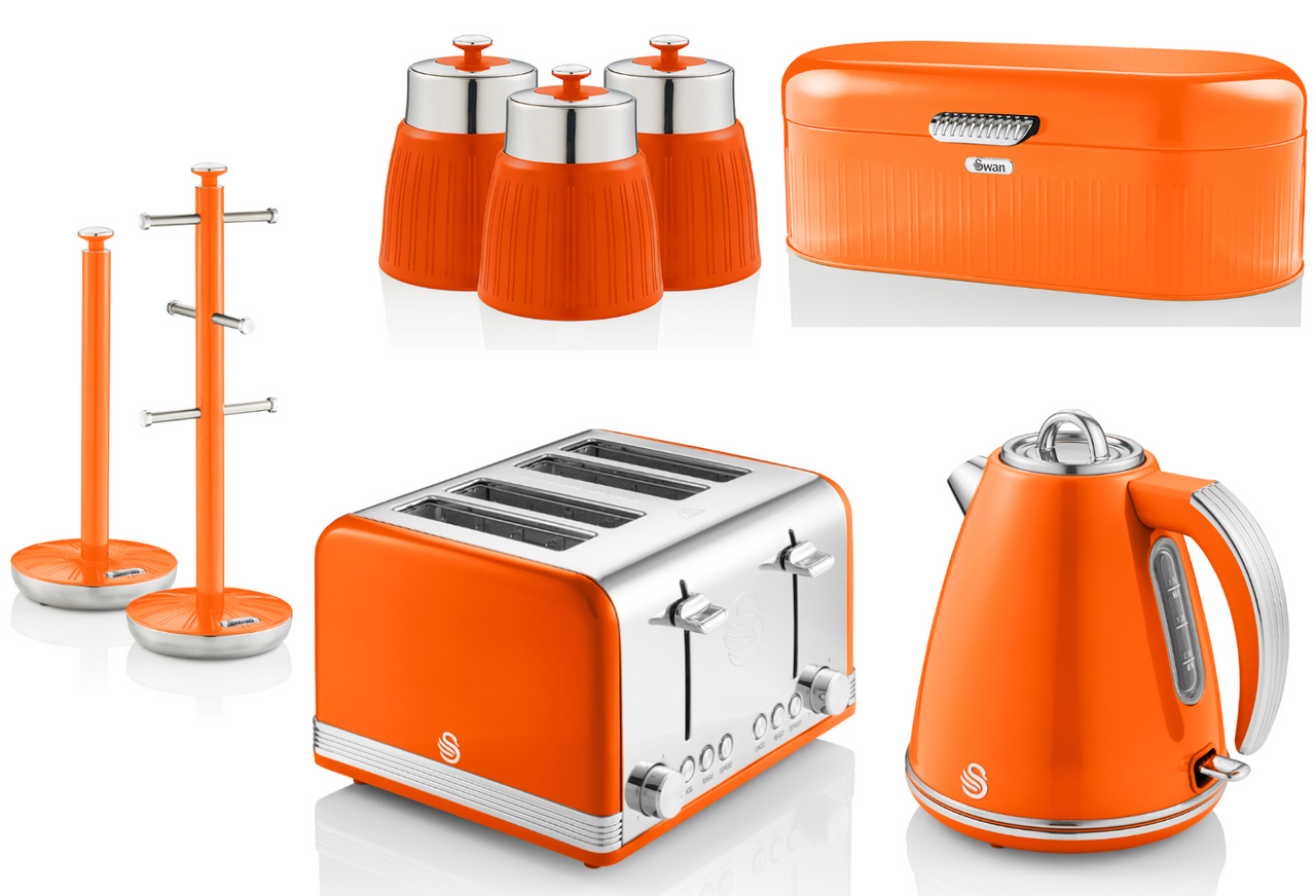 SWAN Retro Orange Kitchen Set of 8 - Kettle, 4 Slice Toaster & Accessories