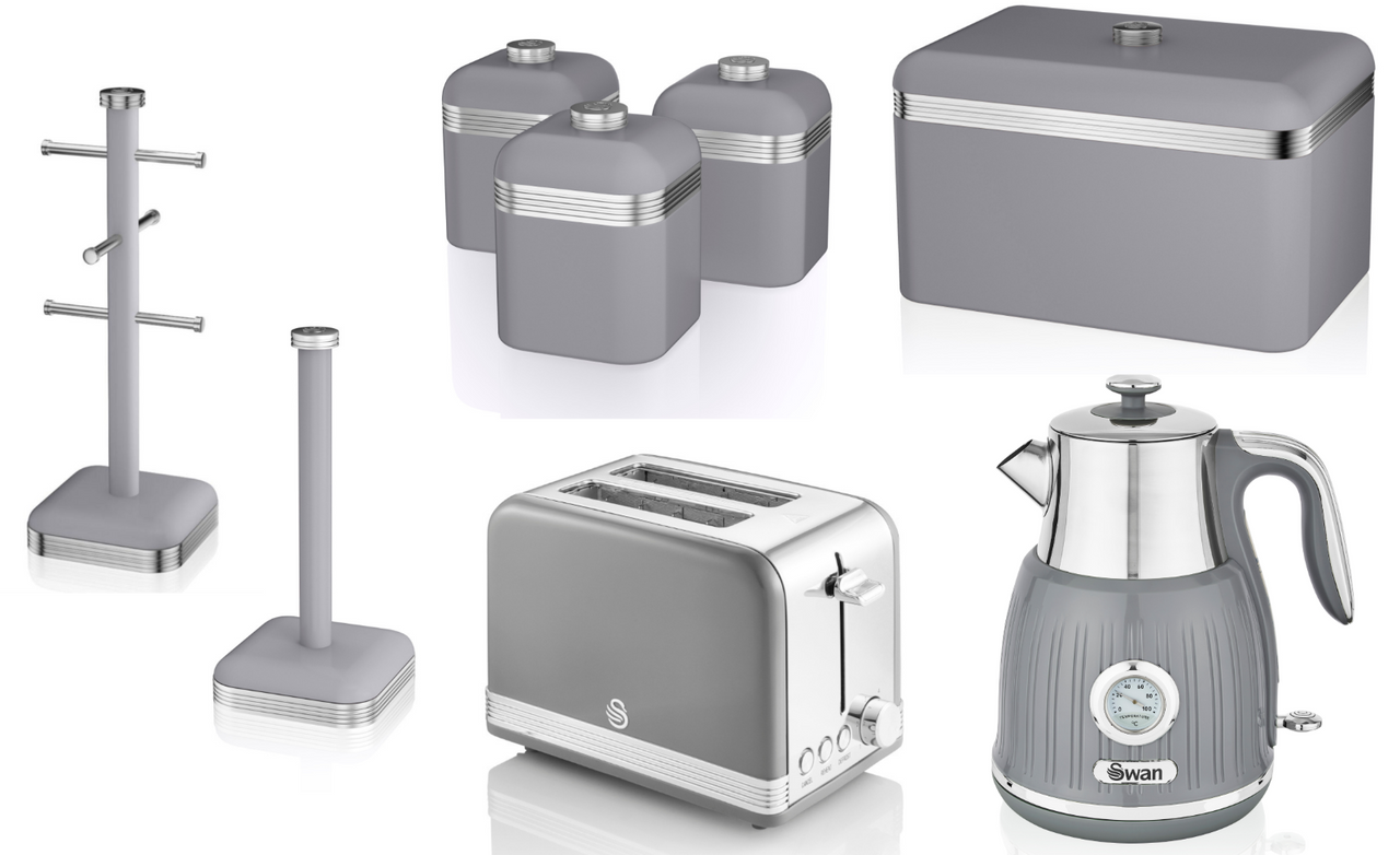 SWAN Retro Grey 1.5L 3KW Jug Dial Kettle, 2 Slice Toaster, Bread Bin, Canisters, Mug Tree & Towel Pole Matching Set