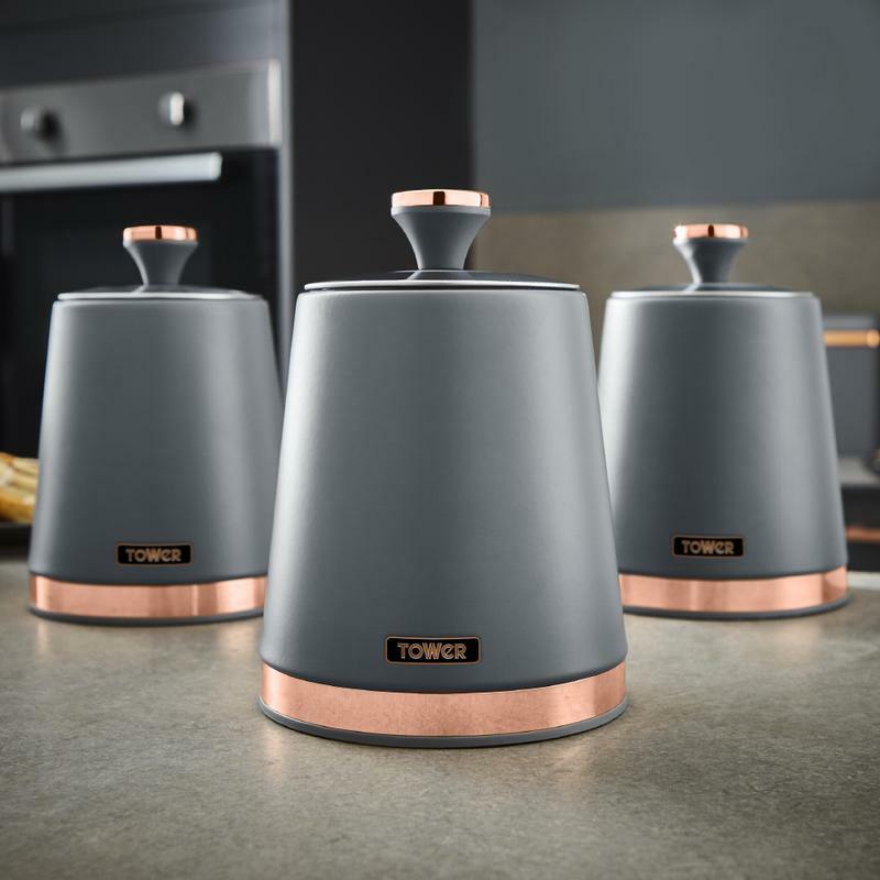 TOWER Cavaletto Tea Coffee Sugar Canisters Set of 3 Kitchen Storage Set Grey & Rose Gold