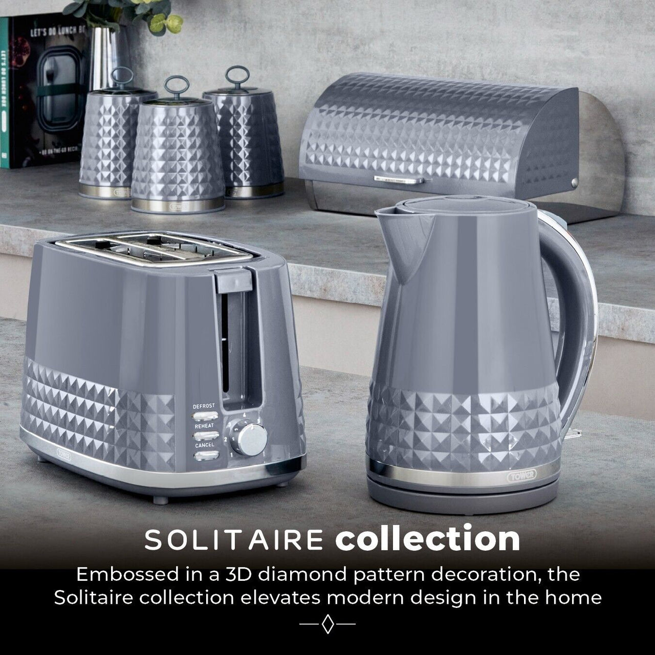 Tower Solitaire Kettle 2 Slice Toaster Bread Bin & Canisters Set Grey & Chrome