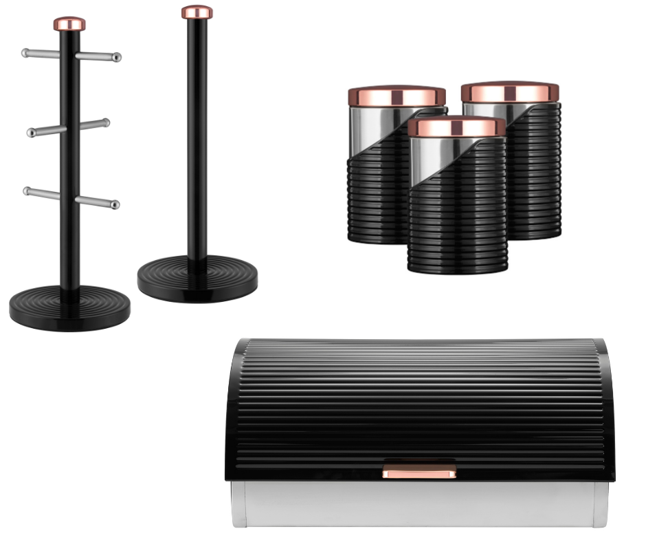 Tower Linear Breadbin, Canisters, Mug Tree & Towel Pole Set in Black/Rose Gold