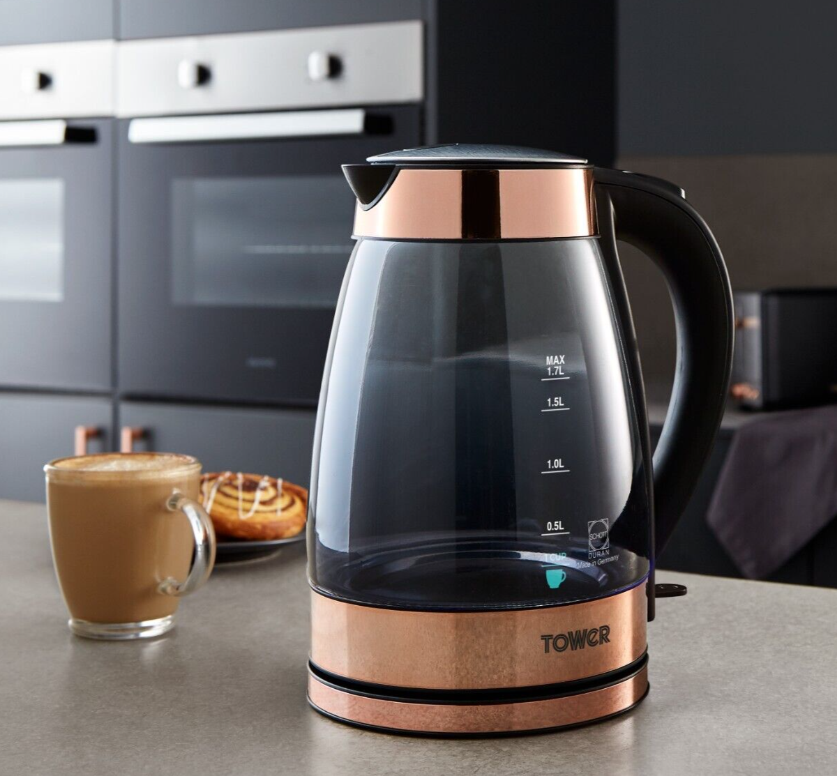 Tower Smoked Glass 3KW 1.7L Kettle Black & Rose Gold - Rapid Boil, 3 Yr Warranty