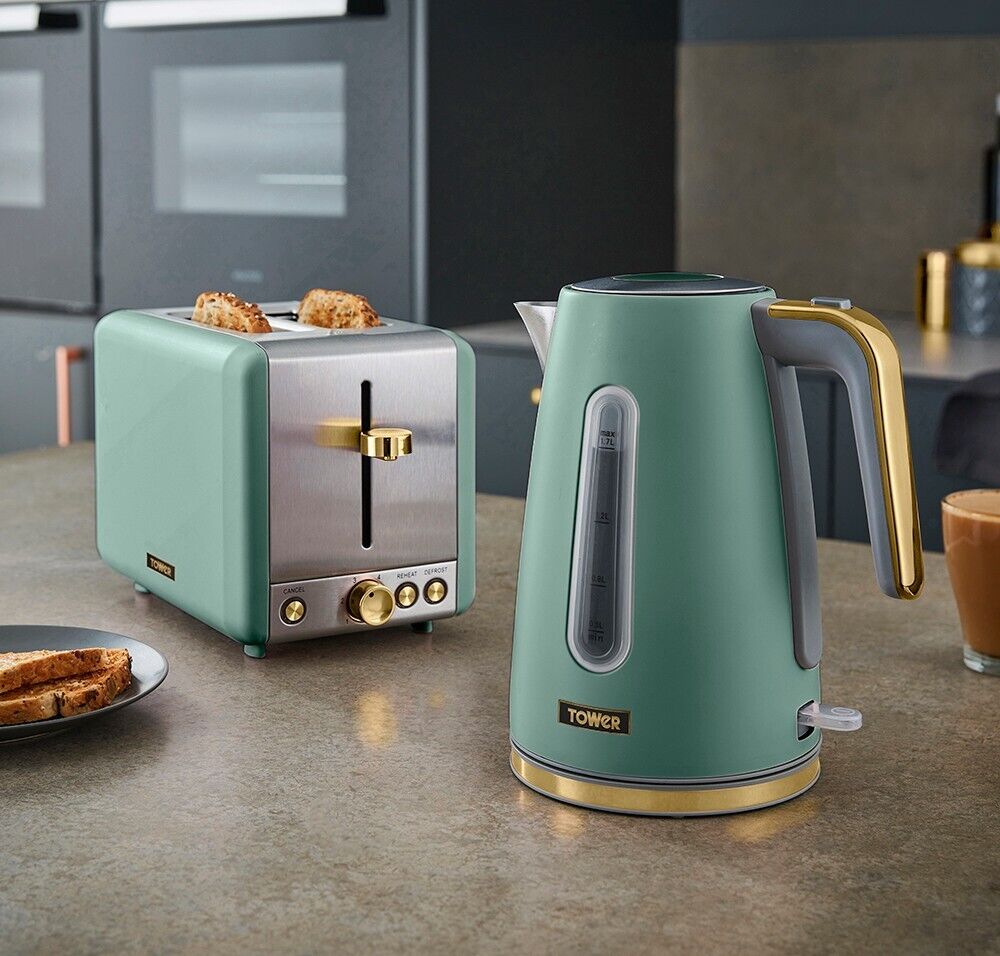 Tower Cavaletto 1.7L 3KW Jug Kettle 2 Slice Toaster in Jade with Champagne Accents