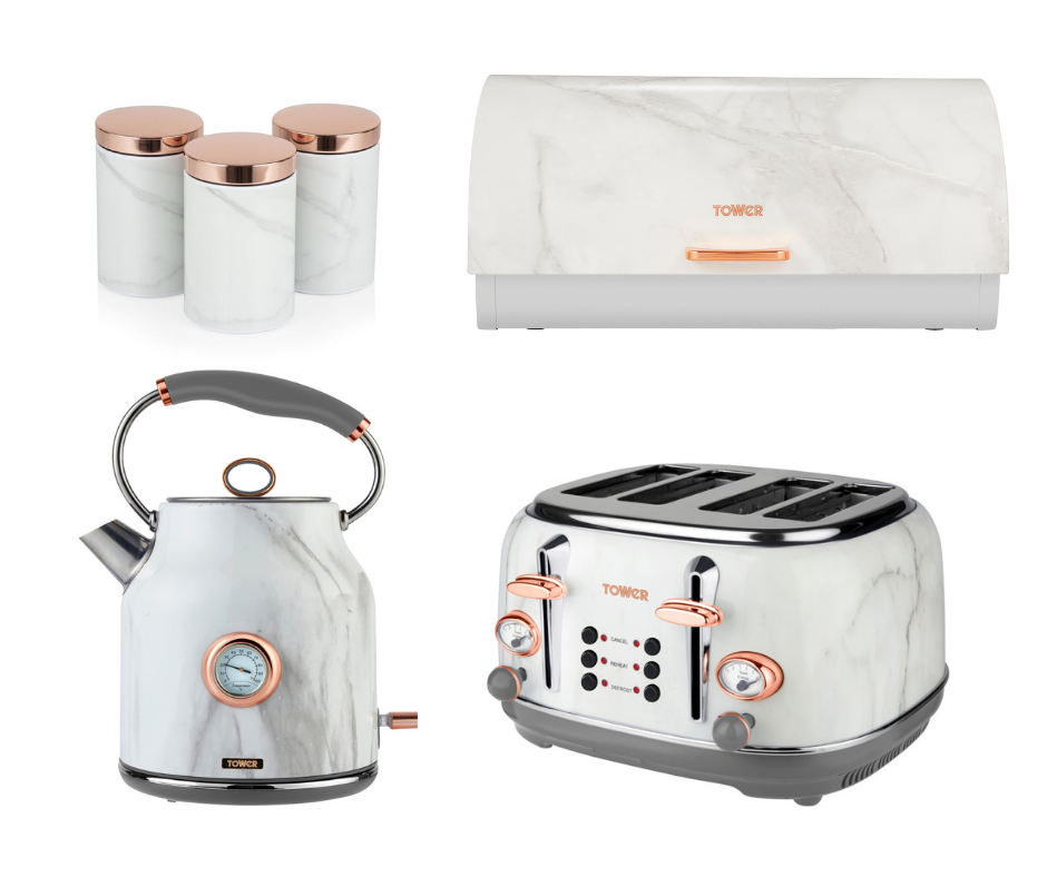 Tower Rose Gold/White Marble Kettle, 4 Slice Toaster, Bread Bin & Canisters Set
