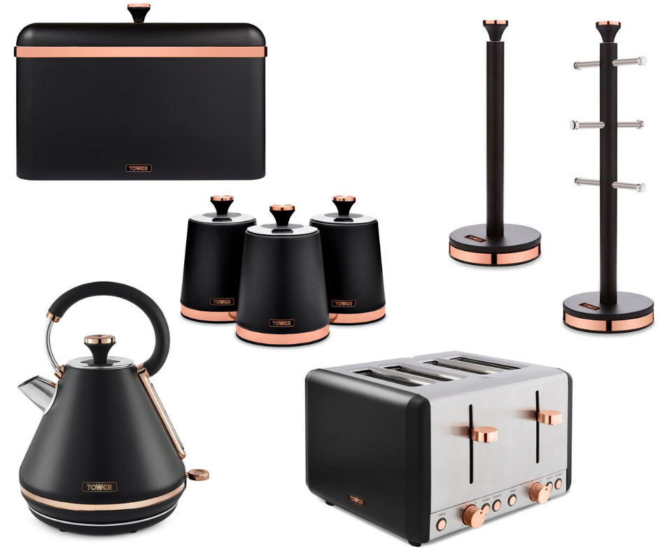 TOWER Cavaletto Kettle Toaster & Kitchen Storage Set Black & Rose Gold
