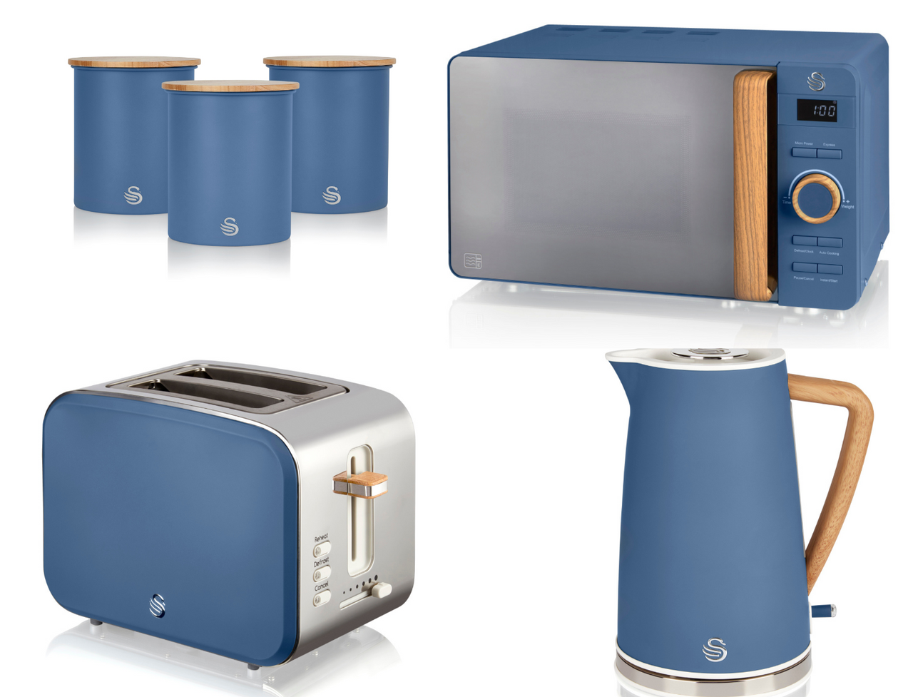 Swan Nordic Blue 1.7L Jug Kettle, 2 Slice Toaster, 800W 20L Digital Microwave & Tea, Coffee, Sugar Canisters Matching Set of 6