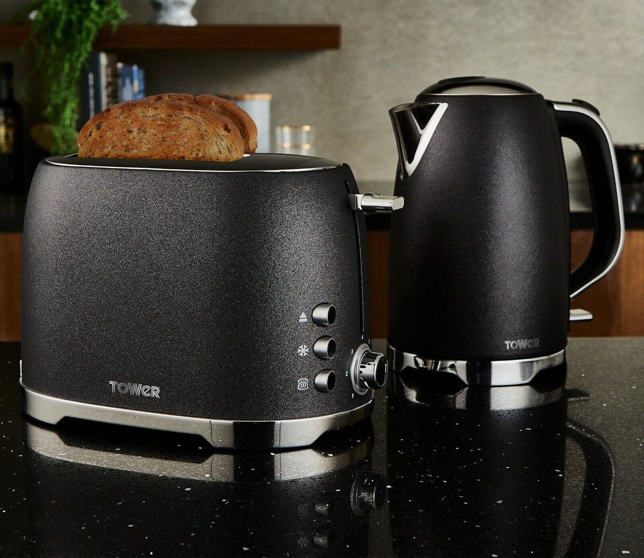 Tower Glitz Kettle, 2-Slice Toaster & Tea, Coffee, Sugar Canisters 3 Set in Black