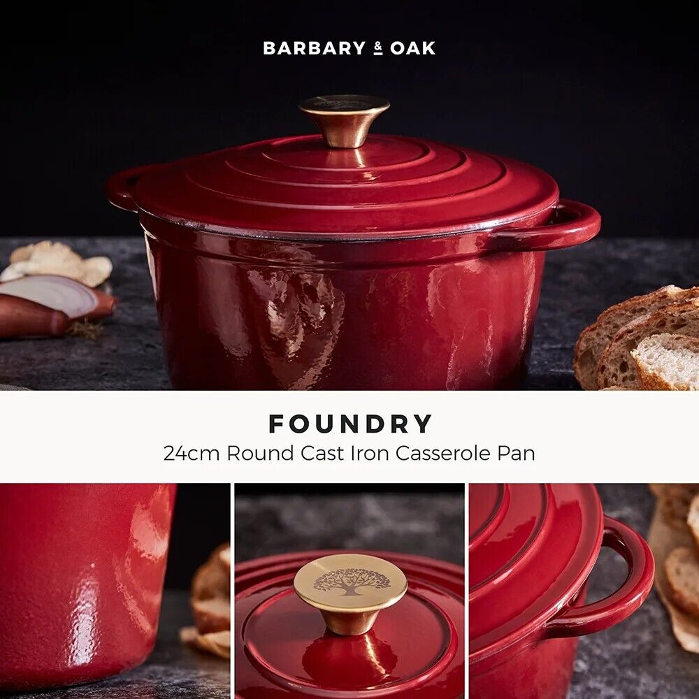 Barbary & Oak Foundry Round 24cm Casserole Pan Cast Iron Red BO800251RED
