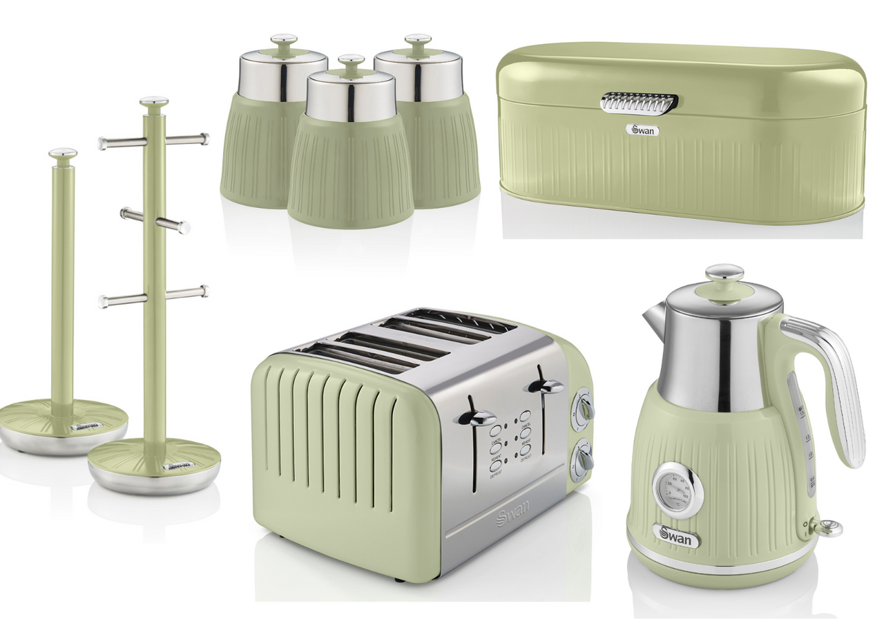 SWAN Retro Green Dial Kettle Toaster Bread Bin Canisters Mug Tree Towel Pole Set