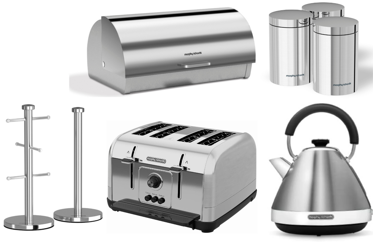 Morphy Richards Venture Brushed Steel Kettle, 4 Slice Toaster & 6 Piece Accents Kitchen Storage Set