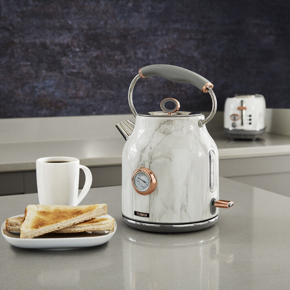 Tower Rose Gold/White Marble Kettle, 4 Slice Toaster, Bread Bin & Canisters Set