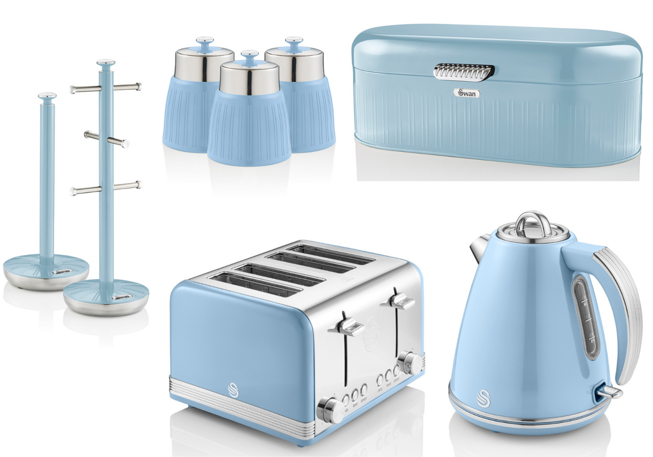 Swan Retro Blue Jug Kettle Toaster Bread Bin Canisters Mug Tree & Towel Pole Set