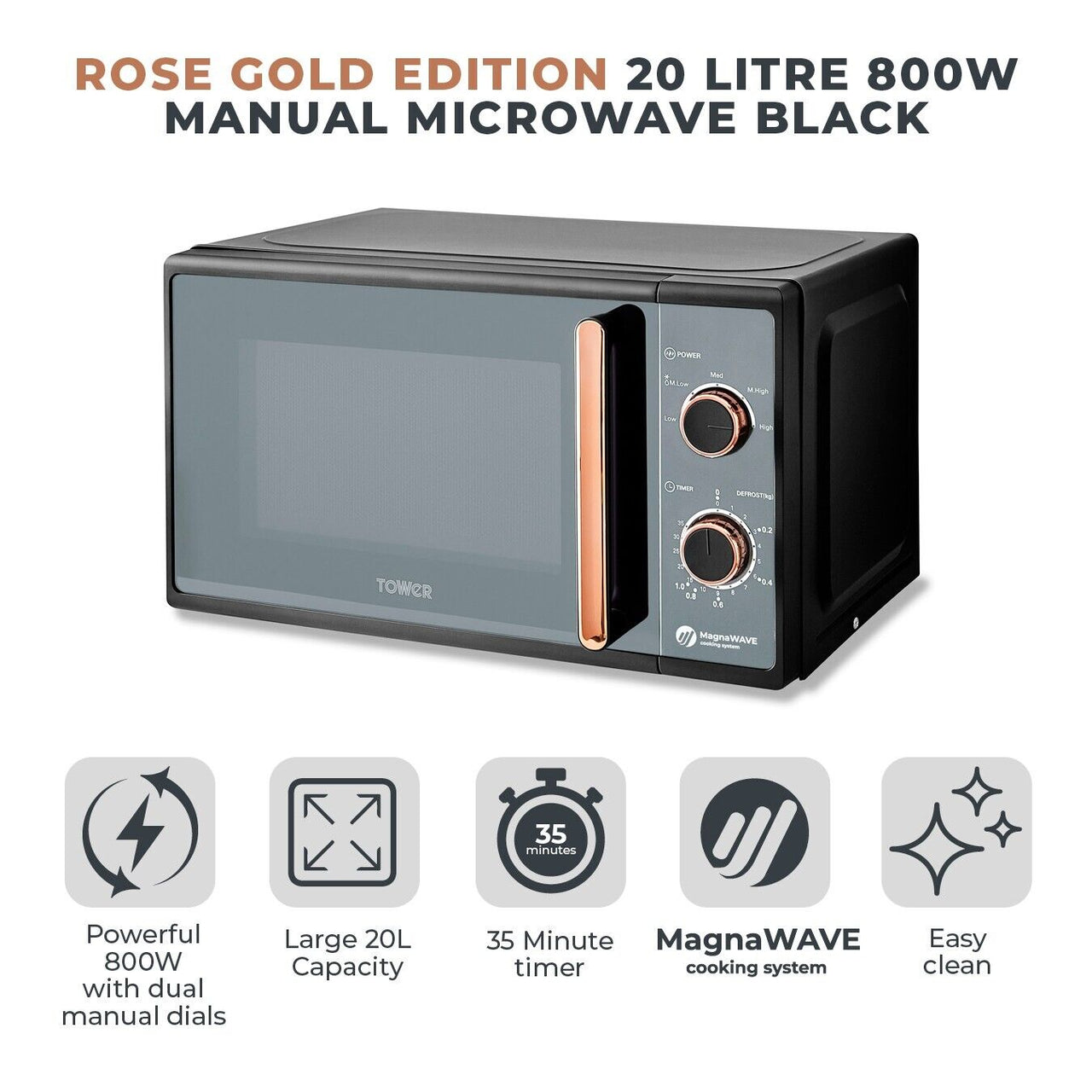 Tower Cavaletto Black & Rose Gold 800W 20L Manual Microwave - 3 Year Guarantee
