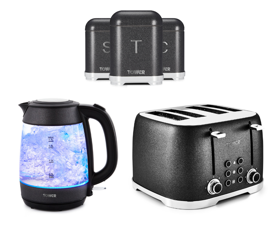 NEW Glitz Glass Kettle, 4-Slice Toaster & Tea Coffee Sugar Canisters 3 Set Black