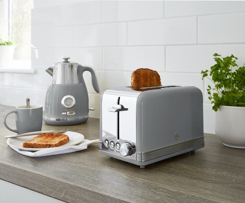 SWAN Retro Grey Dial Kettle 2 Slice Toaster Microwave & 3 Canisters Matching Set