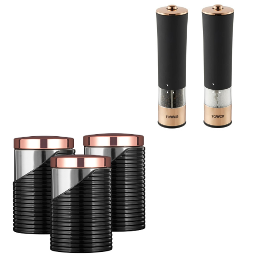 Tower Linear Canisters & Electric Salt/Pepper Matching Set Black & Rose Gold