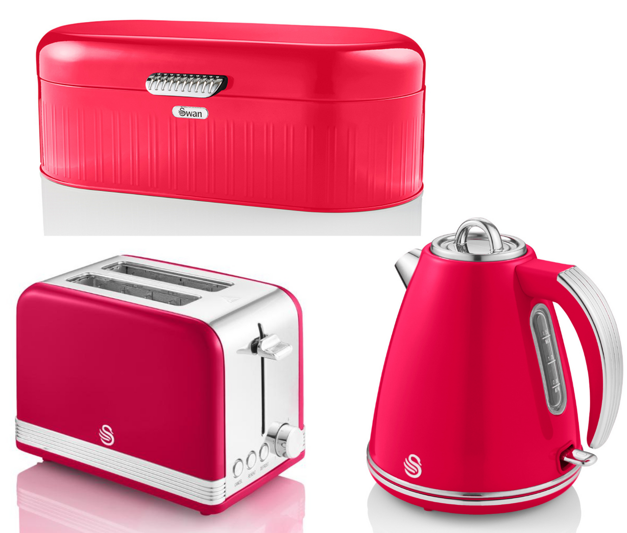 Swan Retro Red 1.5L Jug Kettle 2 Slice Toaster & Breadbin Matching Kitchen Set