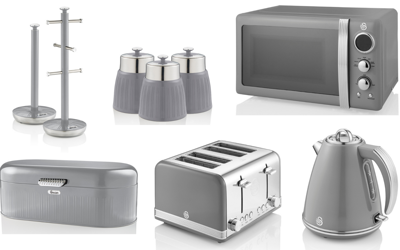 SWAN Retro Grey Dial Kettle, 4 Slice Toaster, 800W 20L Microwave, Bread Bin, Canisters, Mug Tree & Towel Pole Set of 9
