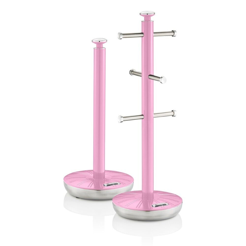 Swan Retro Pink Mug Tree & Towel Pole Matching Kitchen Storage Set