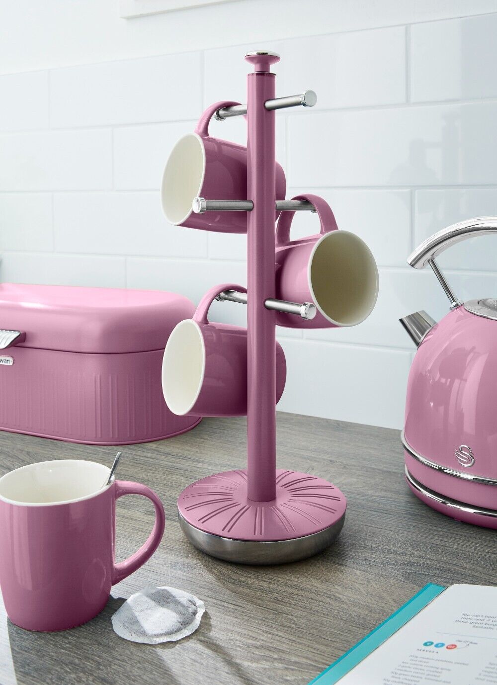 Swan Retro Pink Mug Tree & Towel Pole Matching Kitchen Storage Set