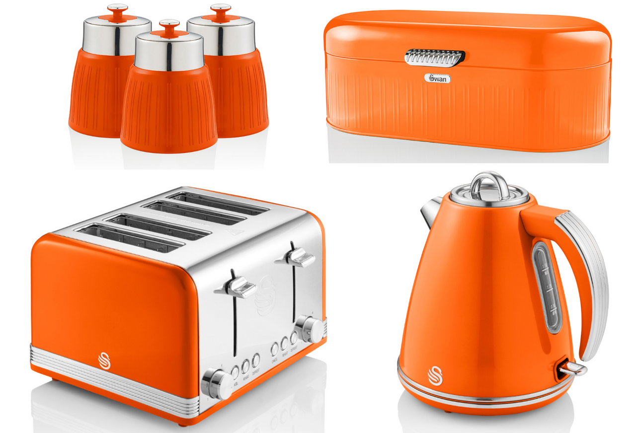 SWAN Retro Orange Kettle 4 Slice Toaster Bread Bin & 3 Canisters Matching Set