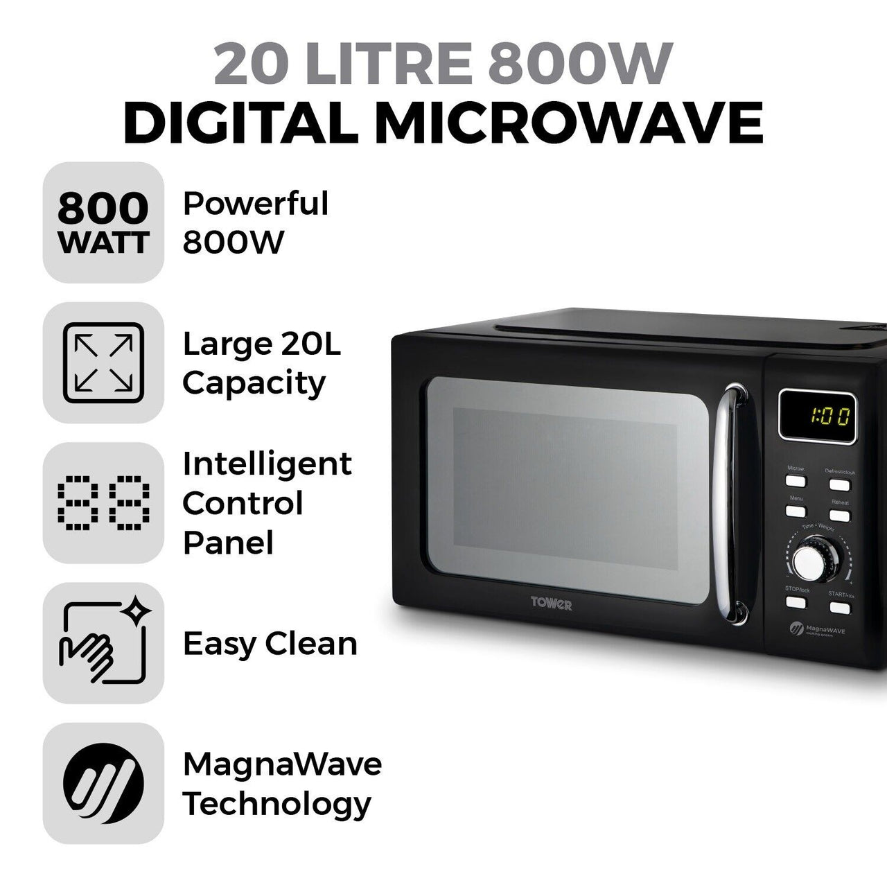 Tower 800W 20L Digital Microwave in Black with Mirror Finish T24041BLK