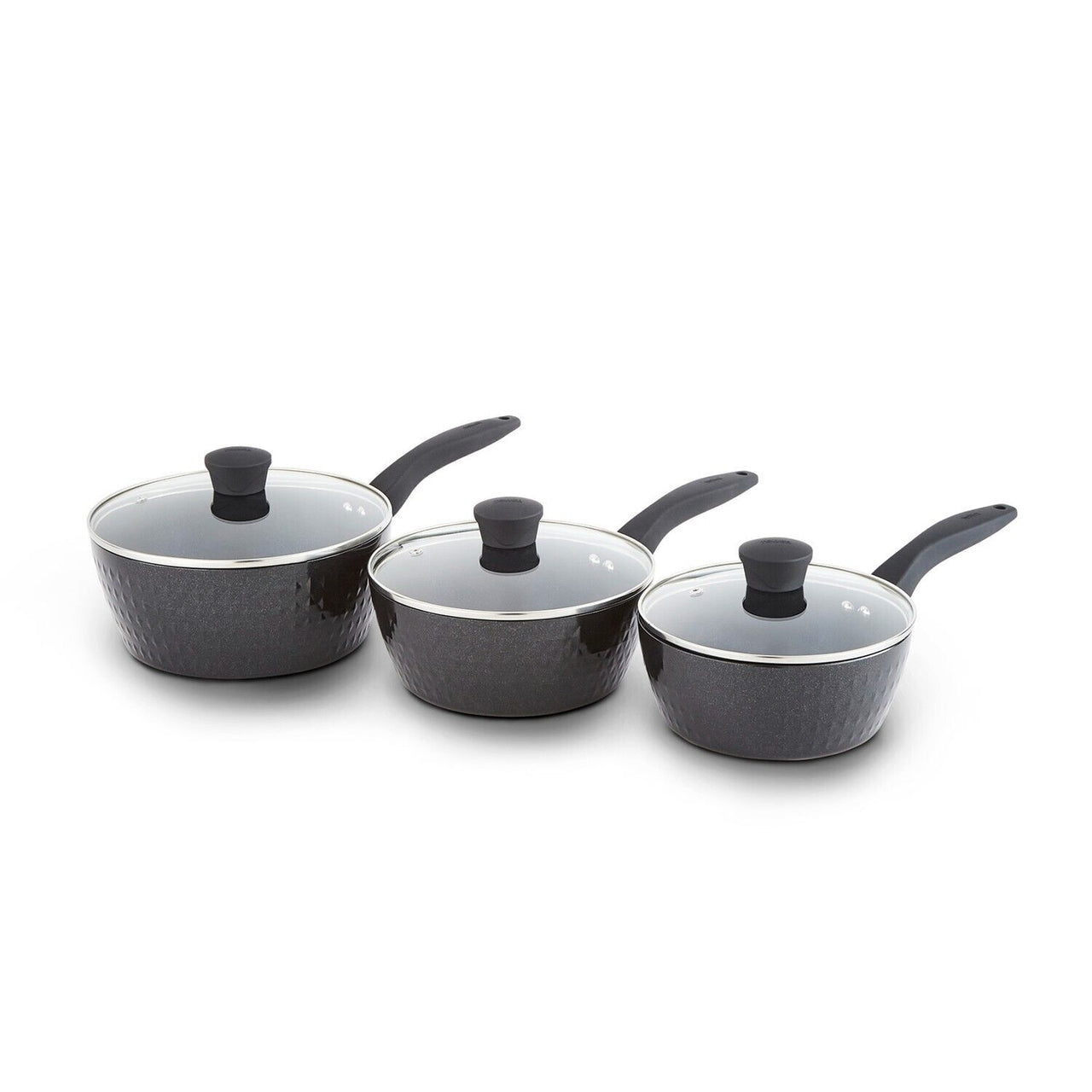 Tower Diamo 3 Piece Cookware Set of 3 Black Non Stick Saucepans T900131 Pan Set, 10 Year Guarantee