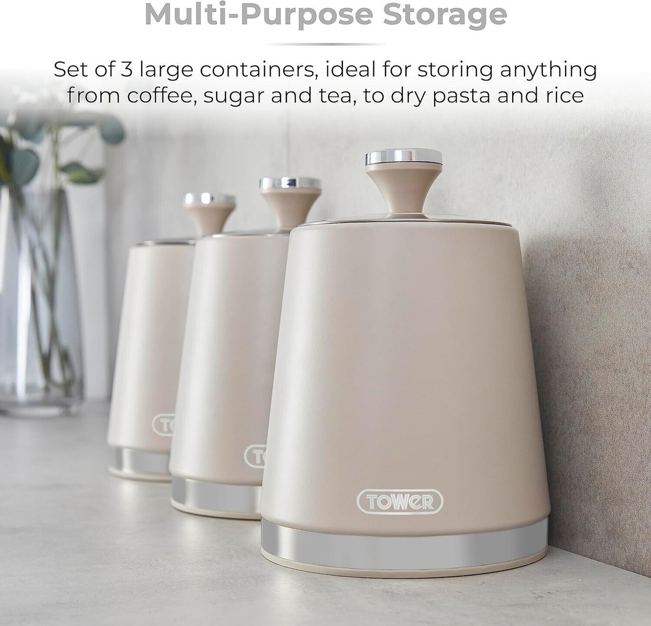 Tower Cavaletto Tea, Coffee & Sugar Storage Canisters in Latte & Chrome Accents