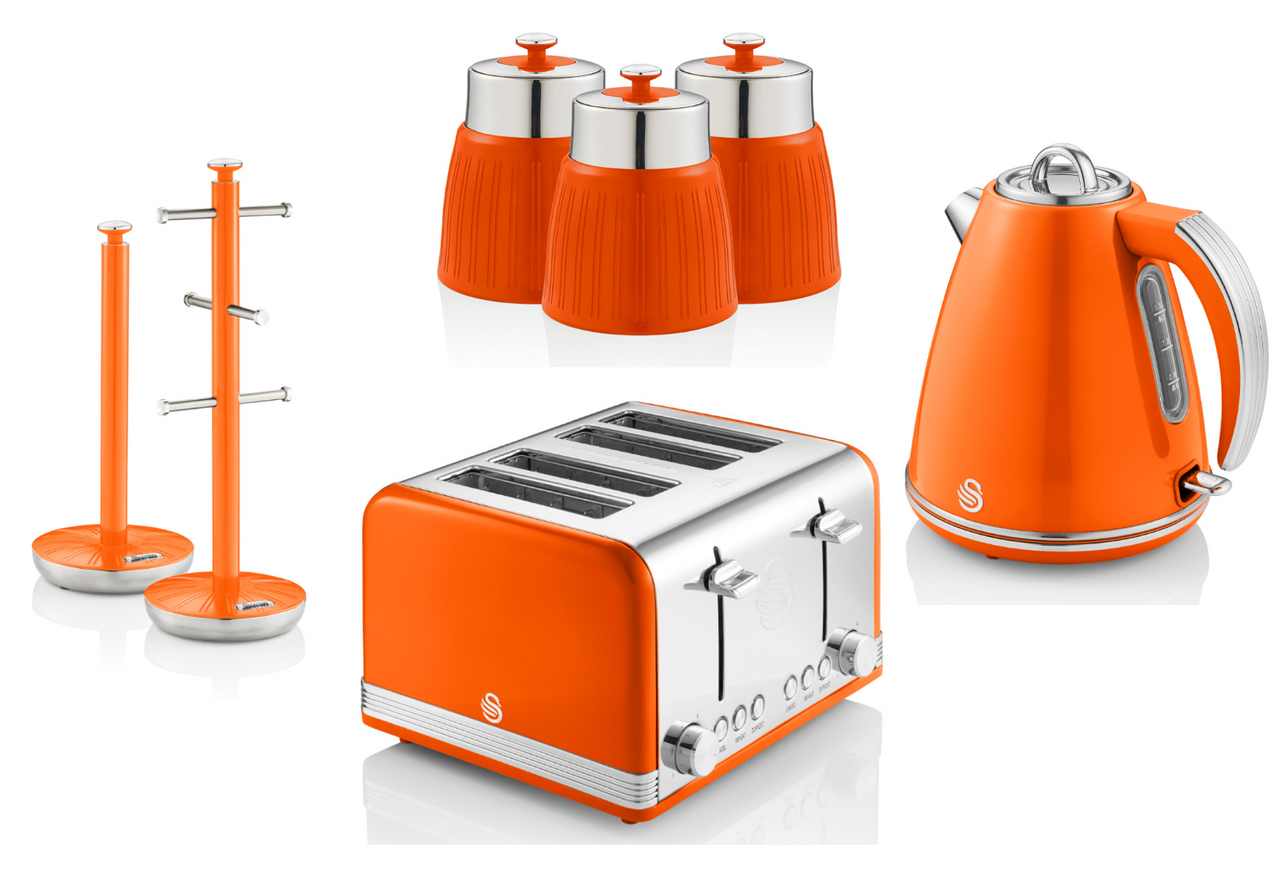 SWAN Retro Orange Kettle 4 Slice Toaster Canisters Mug Tree Towel Pole Set of 7