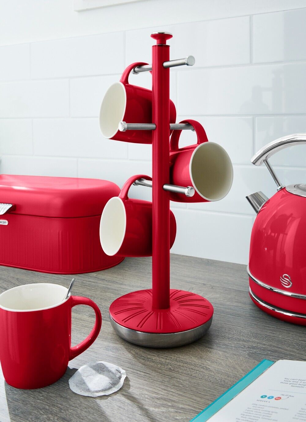 Swan Retro Red Mug Tree & Towel Pole Matching Kitchen Storage Set