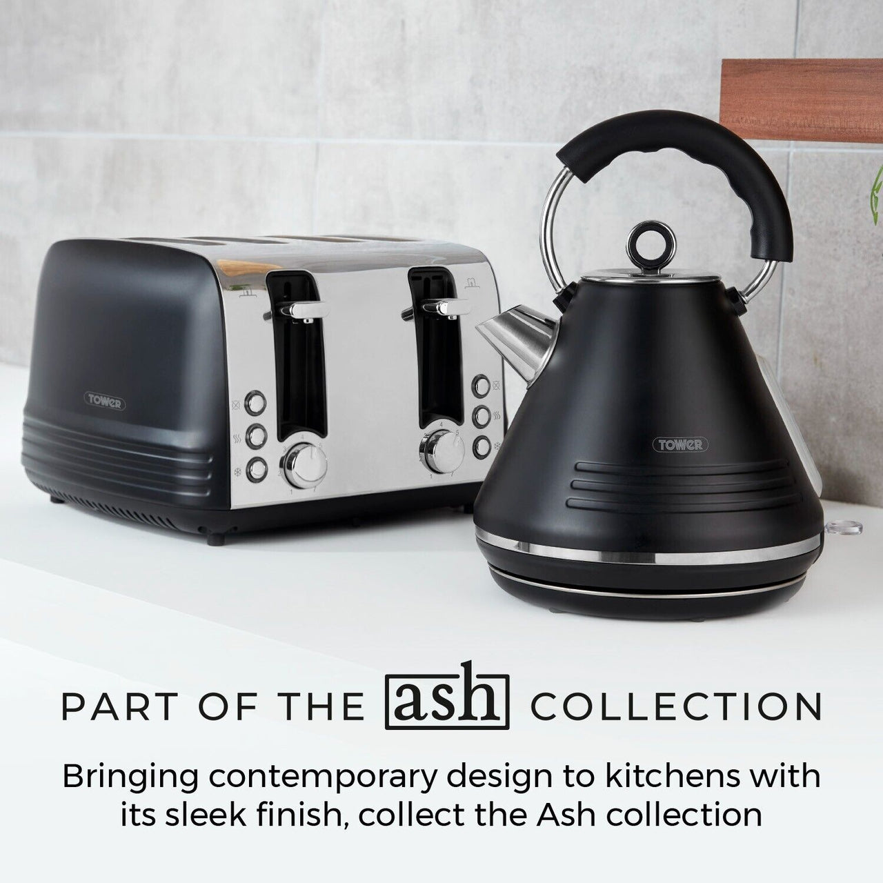Tower Ash 1.7L 3KW Pyramid Kettle & 4 Slice Toaster Contemporary Set in Black with Chrome Accents