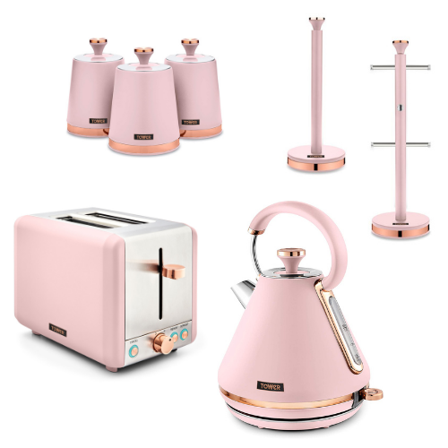 Tower Cavaletto Pink Set of 7 Kettle 2 Slice Toaster 3 Canisters Mug Tree & Towel Pole