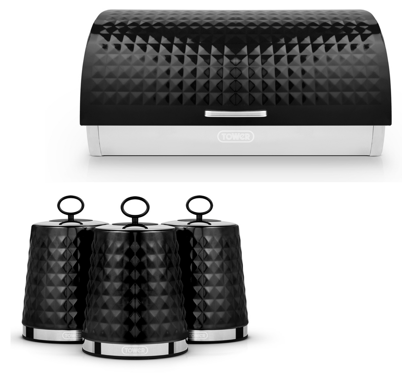 Tower Solitaire Black Bread Bin & Canisters Storage Set with Embossed Diamond Design