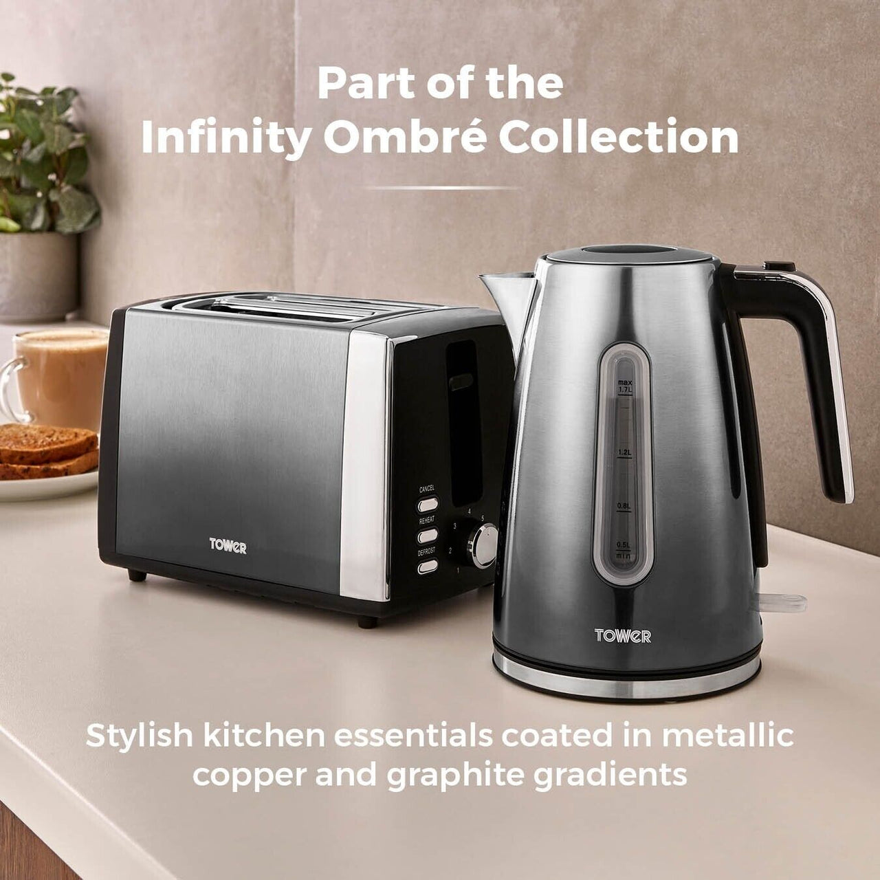 Tower Infinity Ombre 3KW 1.7L Kettle & 2 Slice Matching Toaster Set in Graphite