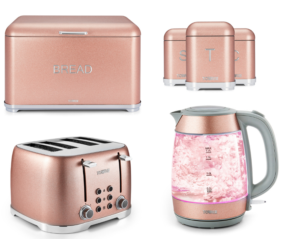 Tower Glitz Blush Pink Glass Kettle 4 Slice Toaster 3 Canisters & Bread Bin Set