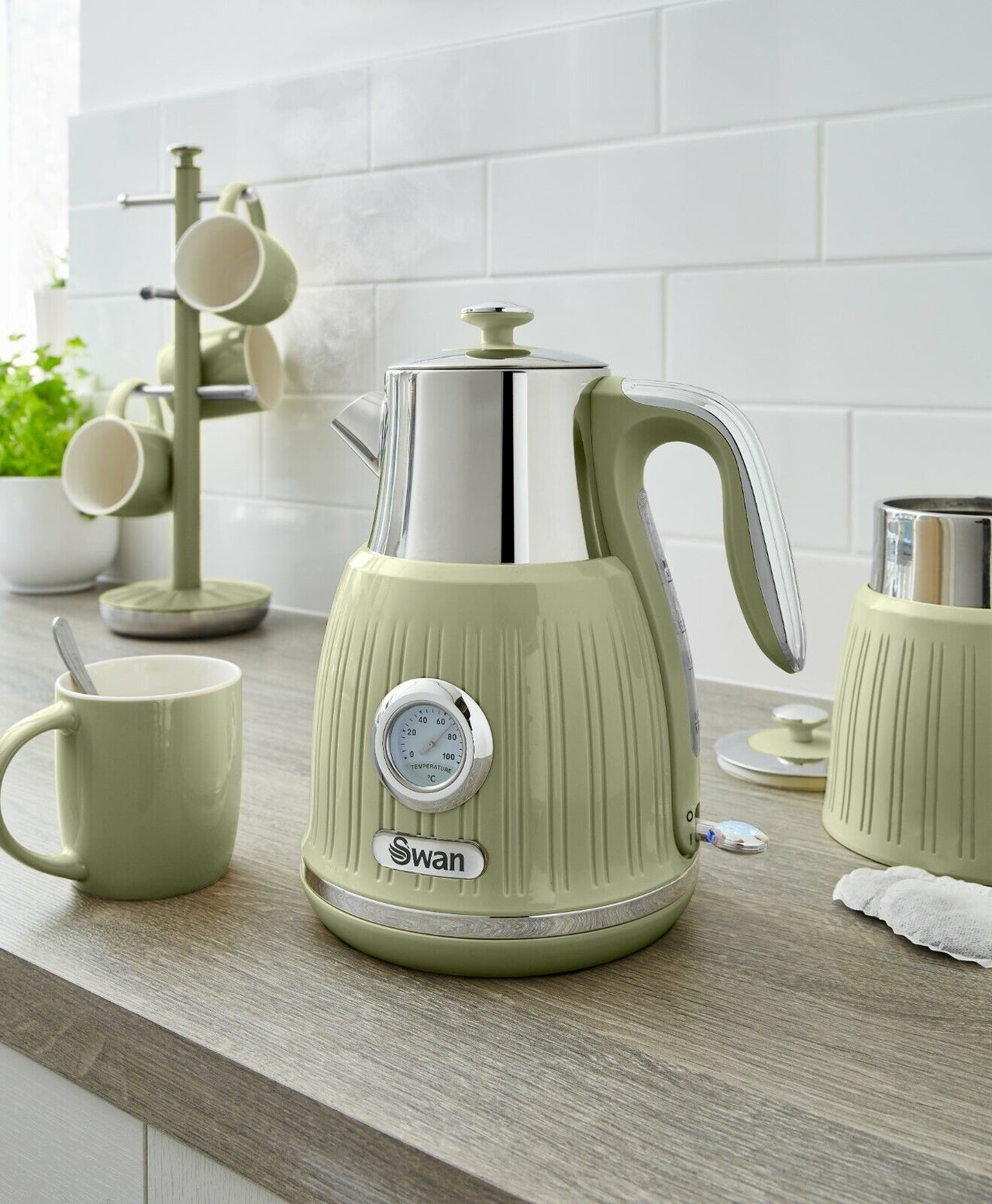 SWAN Retro Green Dial Kettle, 2 Slice Toaster, 800W Microwave, Bread Bin, Canisters, Mug Tree & Towel Pole Set of 9