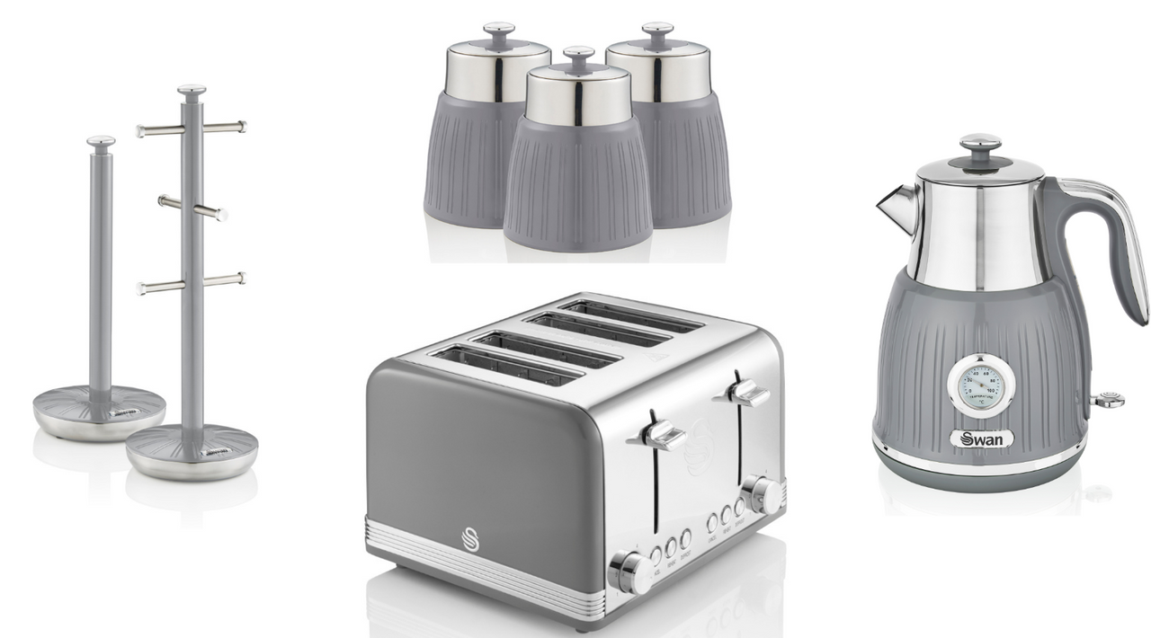 SWAN Retro Grey 1.5L 3KW Dial Kettle 4 Slice Toaster, Canisters, Mug Tree & Towel Pole Kitchen Set of 7