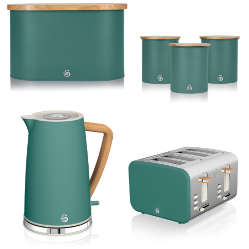 Swan Nordic Green 1.7L Jug Kettle, 4 Slice Toaster, Bread Bin & Canisters Matching Set of 6