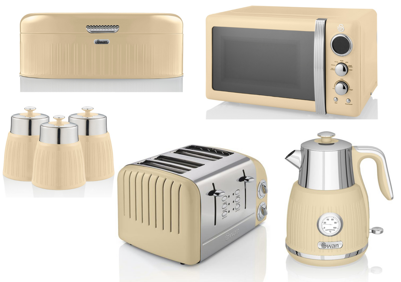 Swan Retro Cream Dial Kettle, 4 Slice Toaster, Microwave, Bread Bin & Canisters