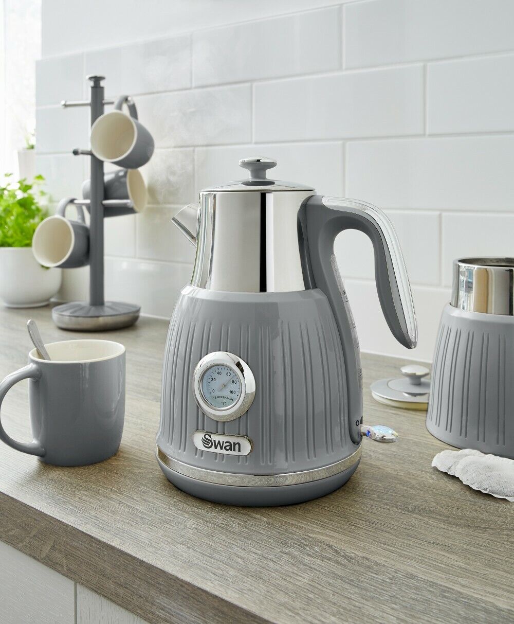 SWAN Retro Grey Dial Kettle Toaster Microwave Bread Bin & Canisters Kitchen Set