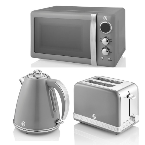 SWAN Retro Grey 1.5L 3KW Jug Kettle 2 Slice Toaster & 800W Digital Microwave in Vintage Grey