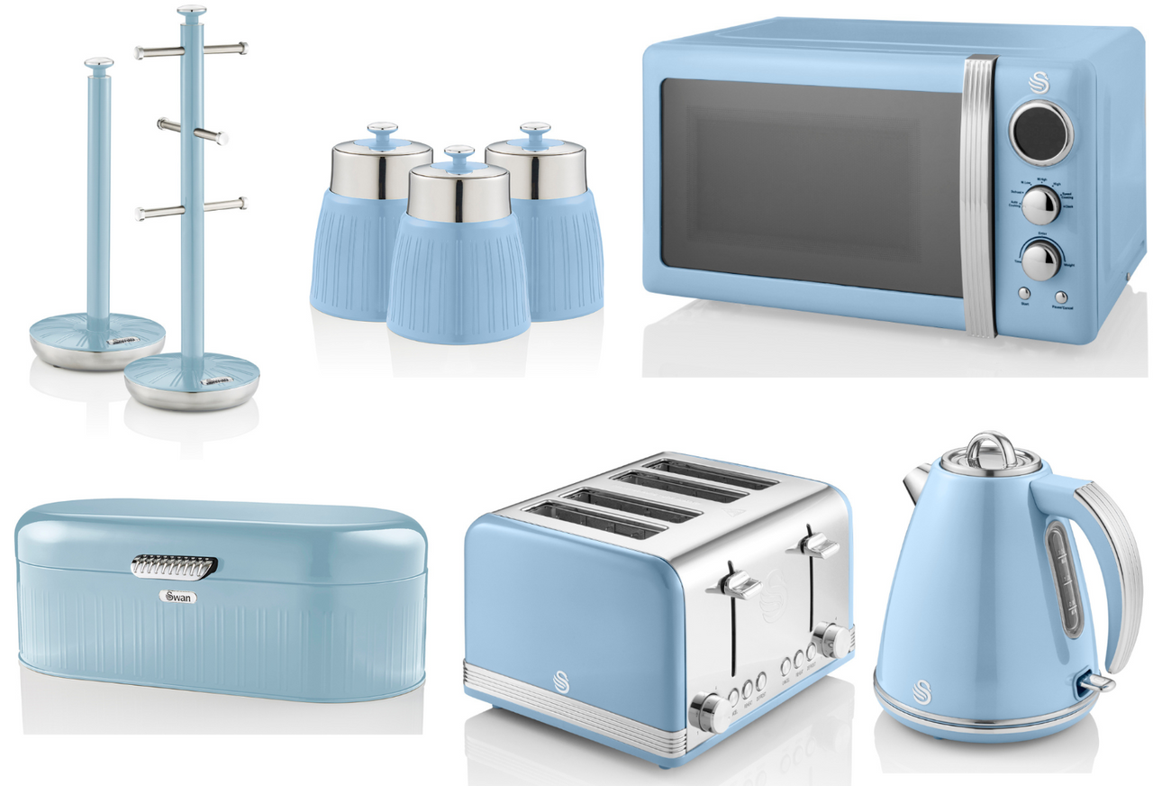 SWAN Retro Blue Kitchen Set of 9 - Jug Kettle Toaster Microwave & Accessories